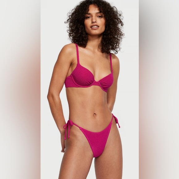 Victoria’s Secret Bikini Set M Pink Shimmer Underwire Top & Tie Bottom Swim NWT - Picture 9 of 13
